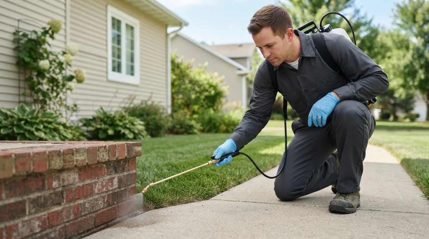Pest control technician treating a home near Ewen, MI